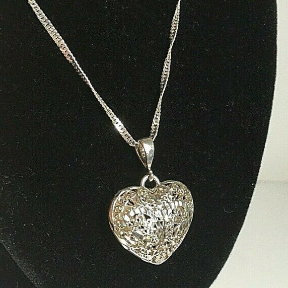 Sterling Silver Ornate Heart Necklace Twist Chain - Picture 3 of 12